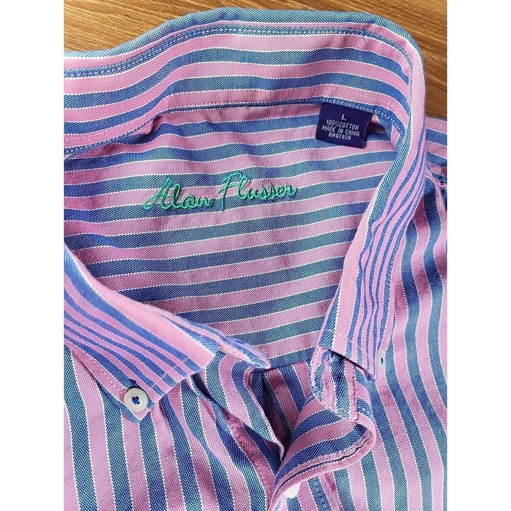 Alan Flusser Pink Striped Button Down‎ Shirt Mens Large Long Sleeve Blue Casual